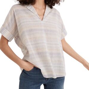 Madewell Crinkle Hayden Popover Beige/Blue Stripe Top M
